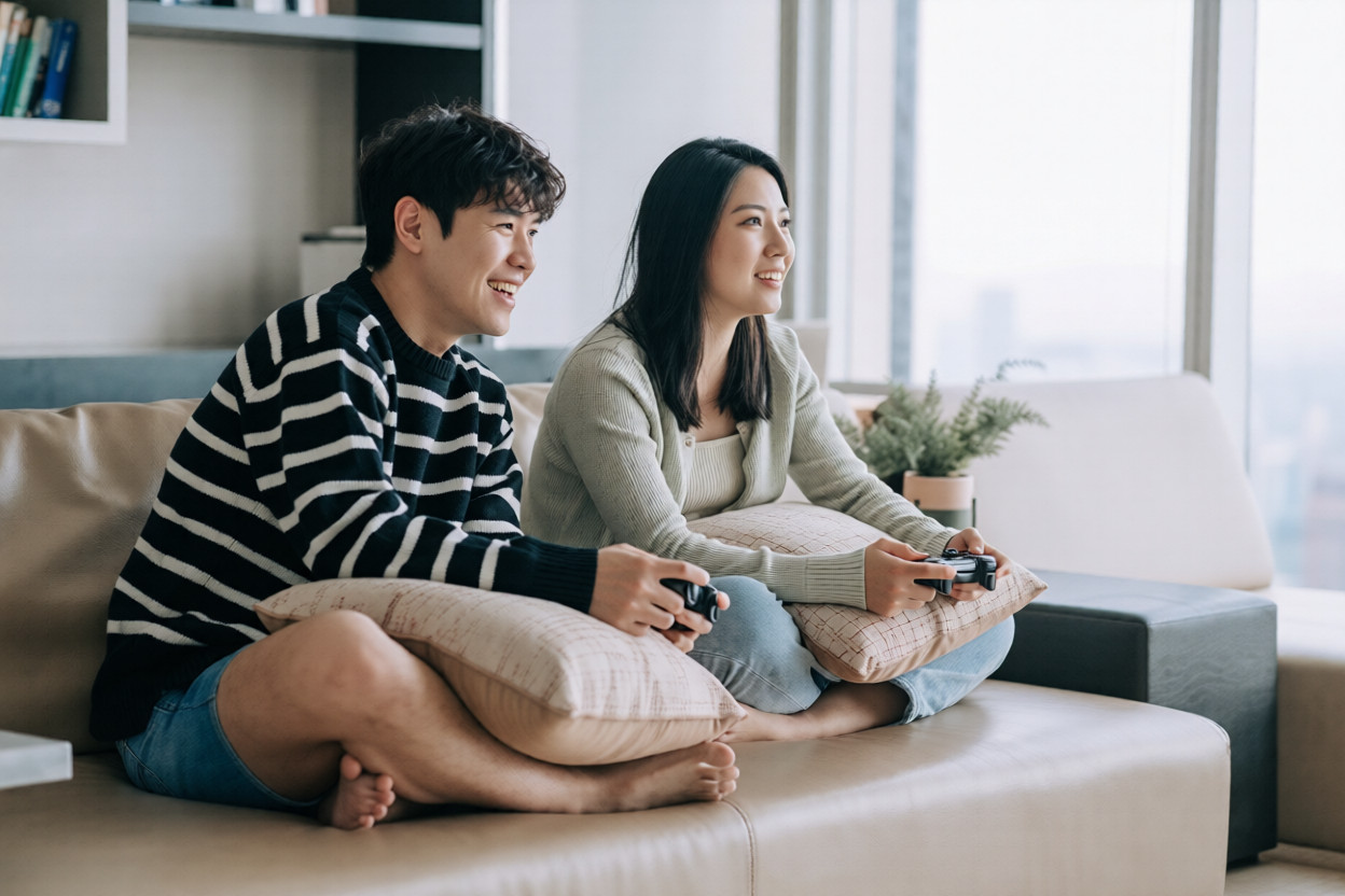 Man enjoy playing video game with his female friend in living room sitting on sofa